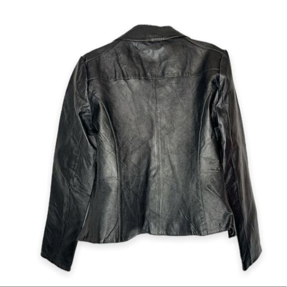 BirryShop‎ Black Genuine Leather Blazer Collar One Button Front Pockets Women’s - Picture 4 of 14